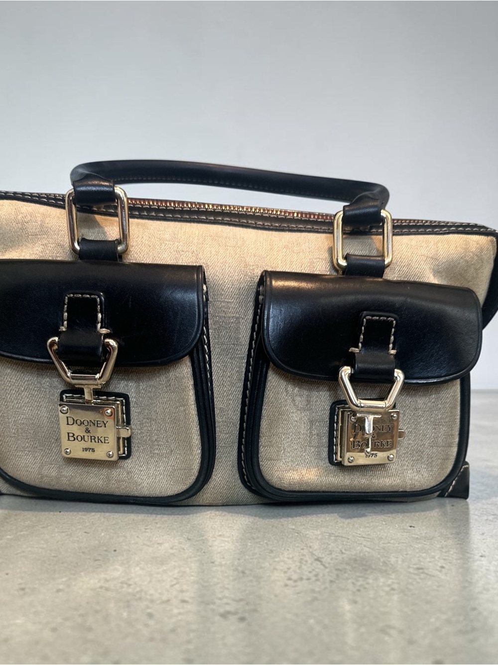 Dooney & Bourke Cream Canvas Satchel with Black Leather Trim